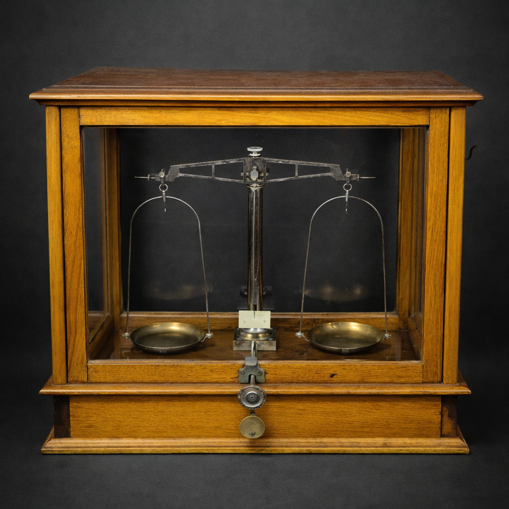 Balanza analítica de laboratorio, ca. 1900. Balanza analítica de laboratorio, ca. 1900.