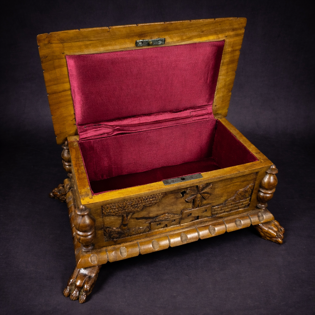 Cofre tallado en madera con escenas campestres, ca. 1930. Cofre tallado en madera con escenas campestres, ca. 1930.