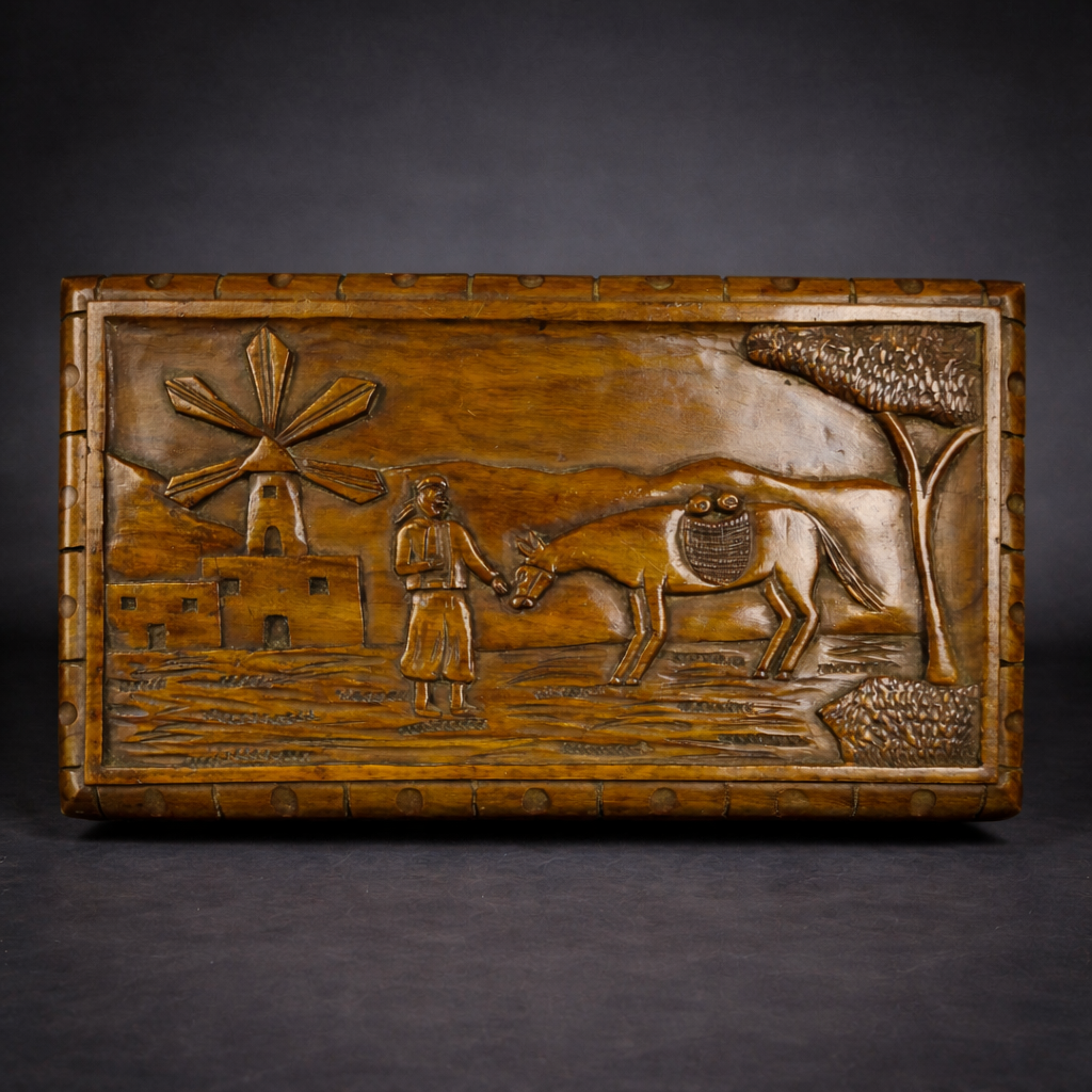 Cofre tallado en madera con escenas campestres, ca. 1930. Cofre tallado en madera con escenas campestres, ca. 1930.