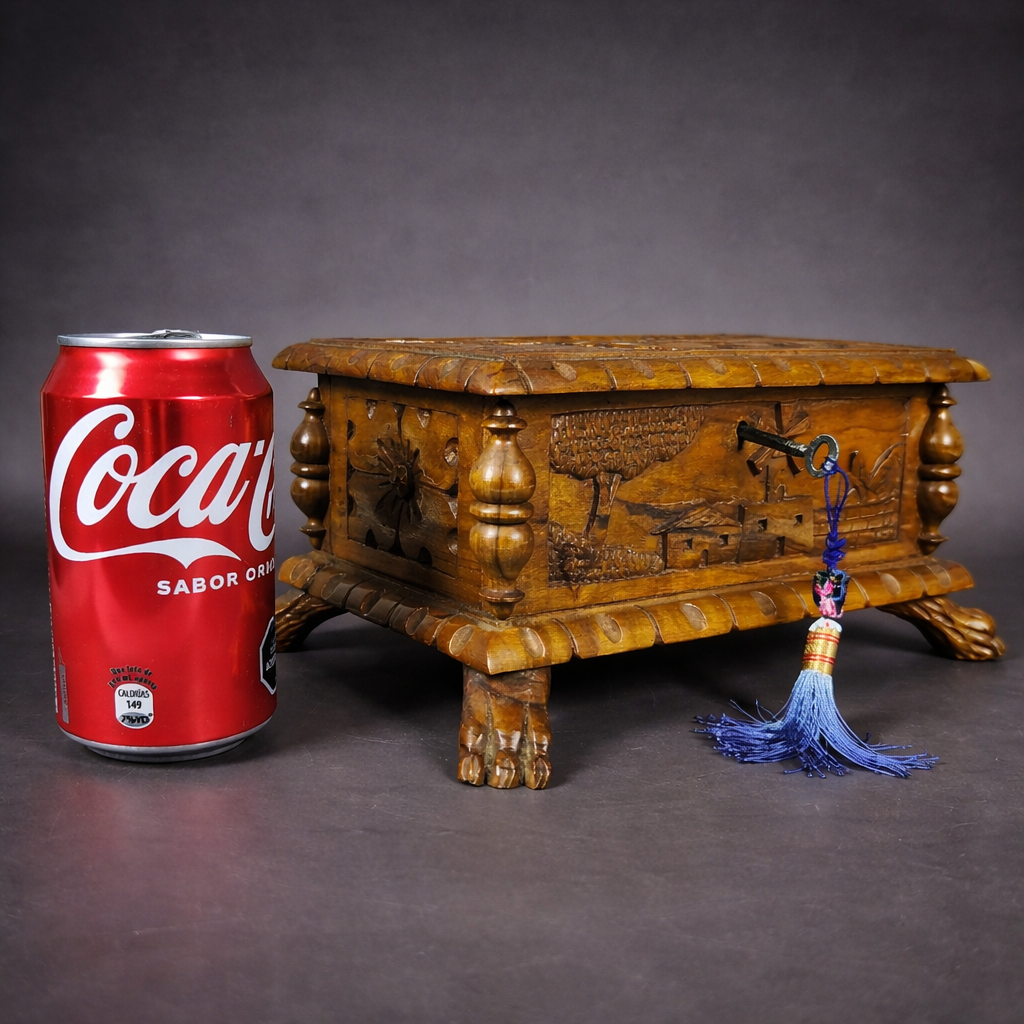 Cofre tallado en madera con escenas campestres, ca. 1930. Cofre tallado en madera con escenas campestres, ca. 1930.