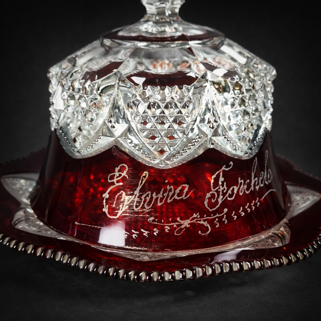 Dulcera de cristal rubí tallado, ca. 1900. Dulcera de cristal rubí tallado, ca. 1900.