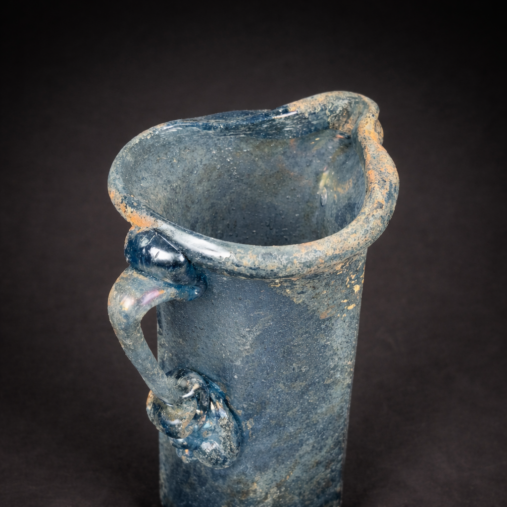 Jarra en vidrio azul estilo romano, ca. 1950. arra en vidrio azul estilo romano, ca. 1950.