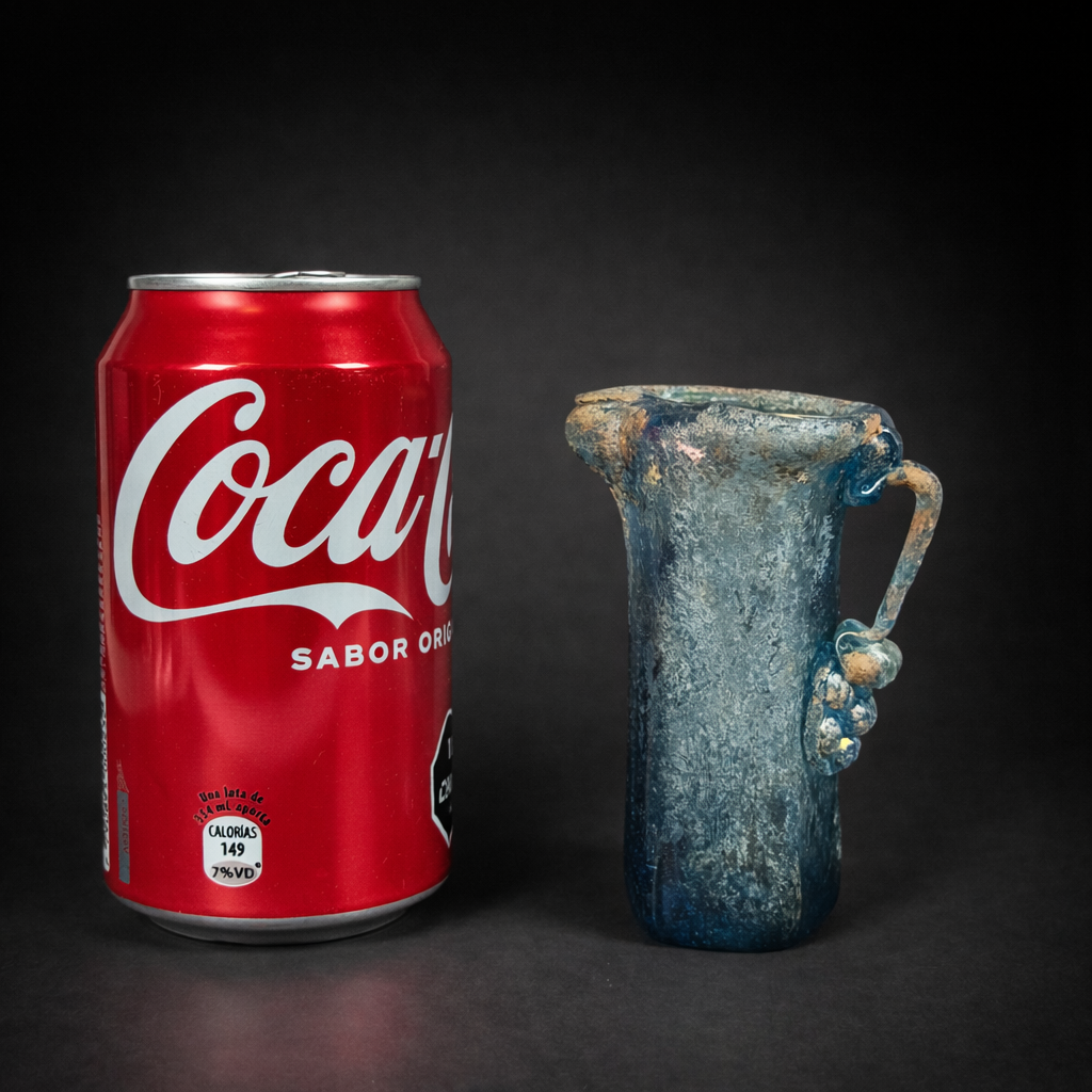 Jarra en vidrio azul estilo romano, ca. 1950. arra en vidrio azul estilo romano, ca. 1950.