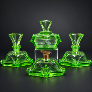 Juego de tocador Art Déco en vidrio verde, ca. 1930.