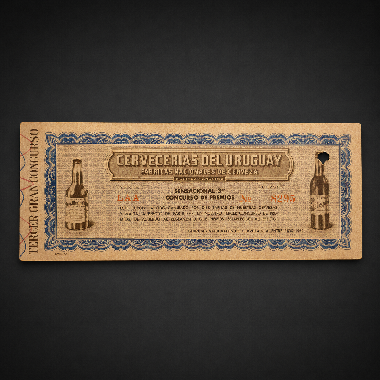 Cupón promocional Cervecerías del Uruguay, ca. 1955. Cupón promocional Cervecerías del Uruguay, ca. 1955.