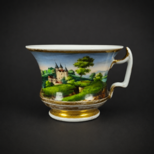 Taza francesa pintada a mano con paisaje, ca. 1880.