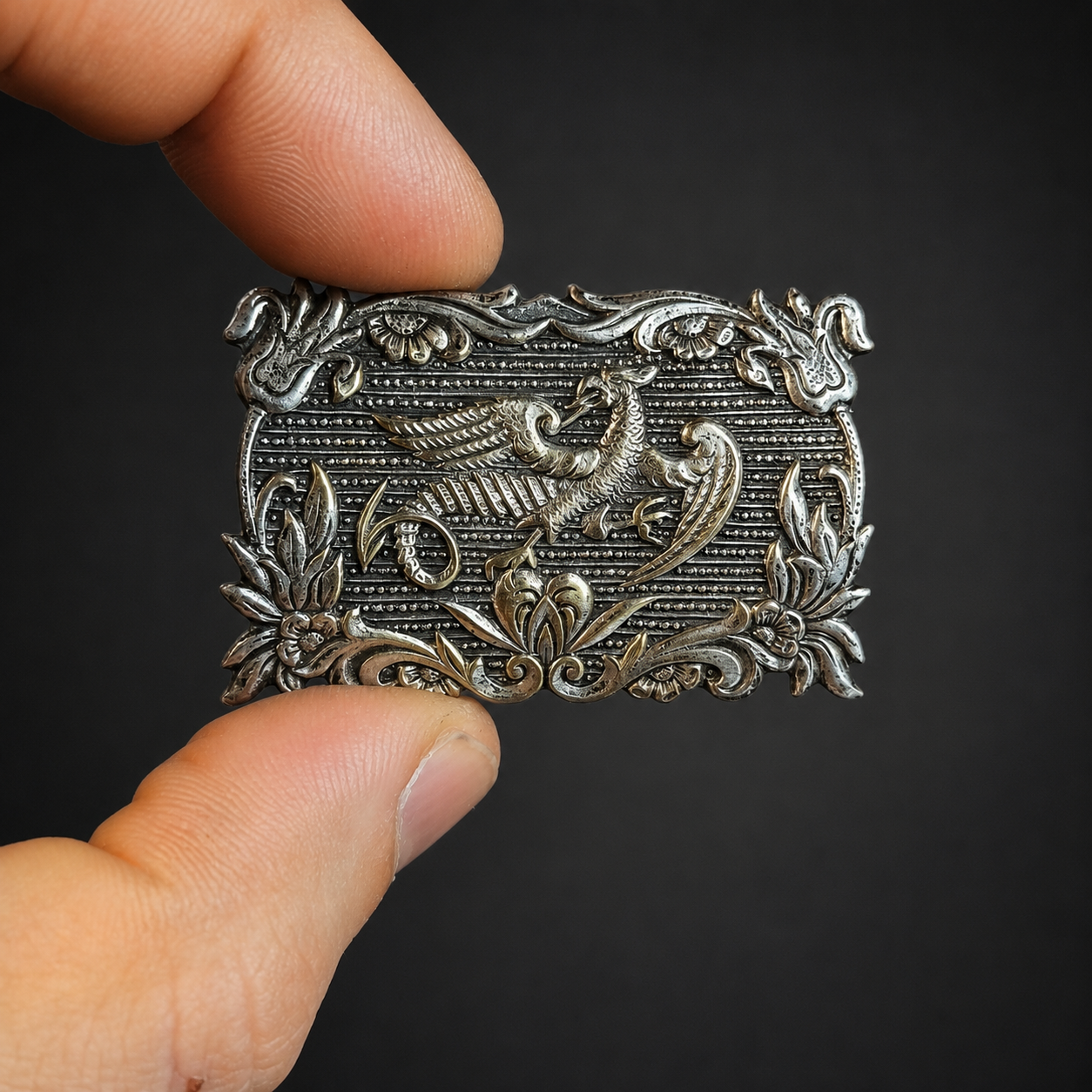Prendedor con grifo en metal plateado, ca. 1950. Prendedor con grifo en metal plateado, ca. 1950.